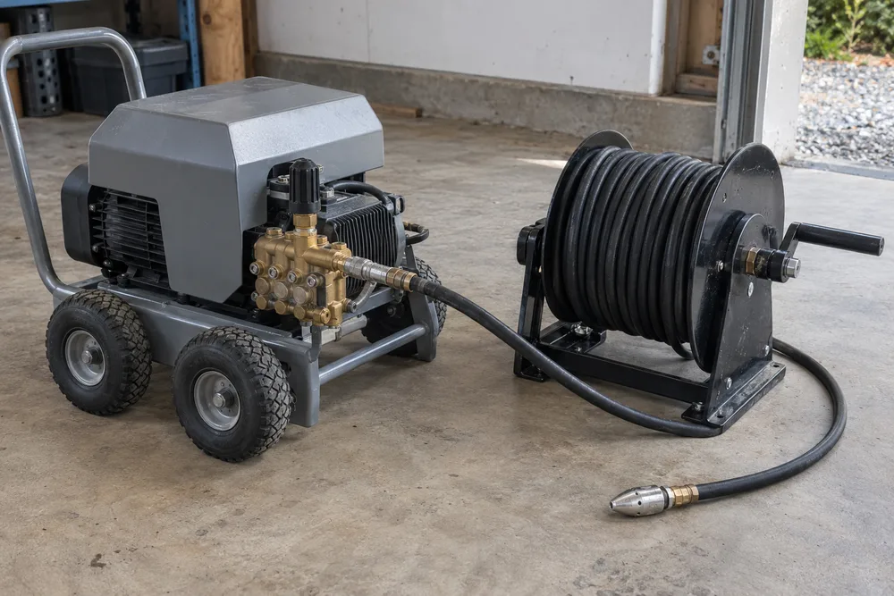 Hose reel and jetting equipment prepared for drain service